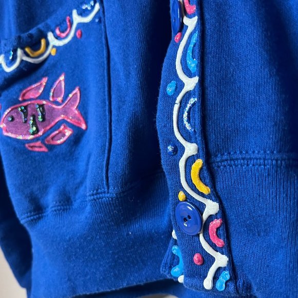 Vintage 90s Puffy Paint Glitter Tropical Fish Cardigan Sweatshirt - Picture 4 of 7